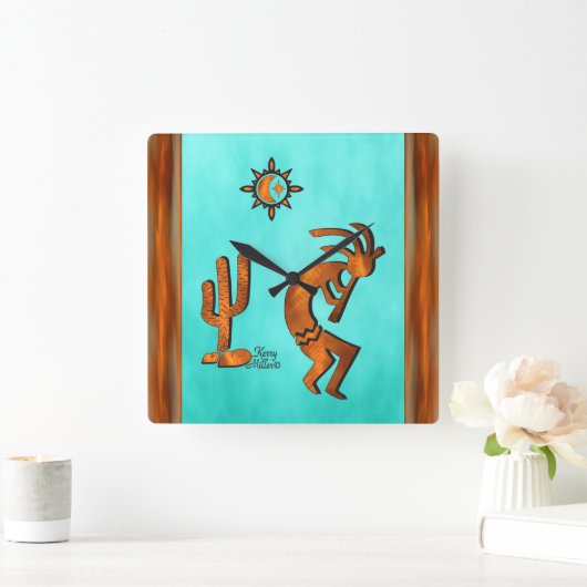 Kokopelli en cactus vierkante klok (Huis)