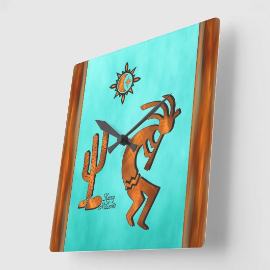 Kokopelli en cactus vierkante klok (Hoek)
