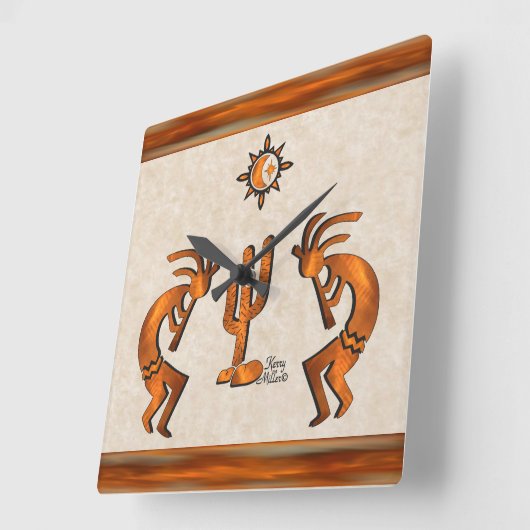 Kokopelli en cactus vierkante klok (Hoek)