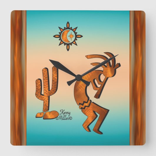 Kokopelli en cactus vierkante klok (Voorkant)