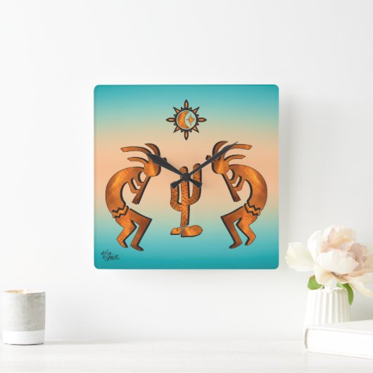 Kokopelli en Cactus vierkante wandklok (Huis)