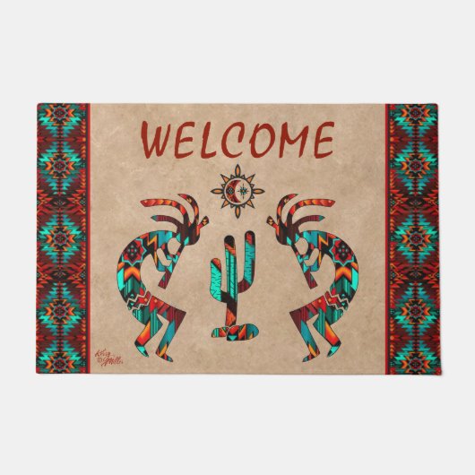 Kokopelli en Cactus Welkom Deurklep Deurmat (Voorkant)