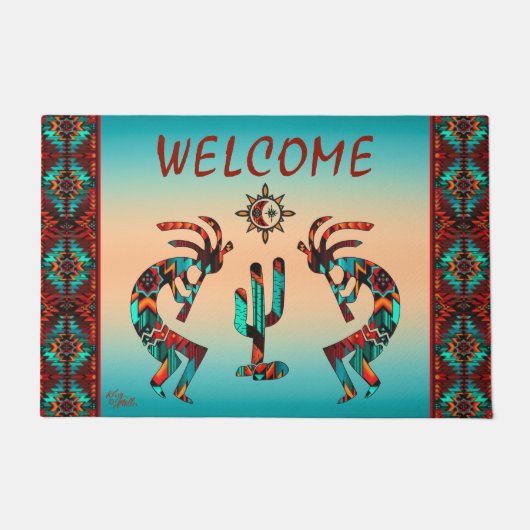 Kokopelli en Cactus Welkom Deurklep Deurmat (Voorkant)