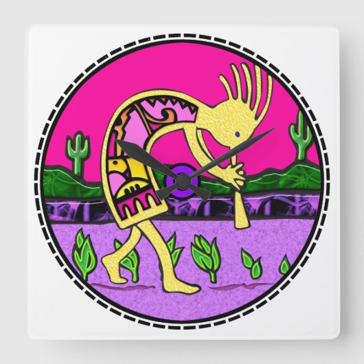 Kokopelli Flute Player SouthWestern Clock Vierkante Klok (Voorkant)