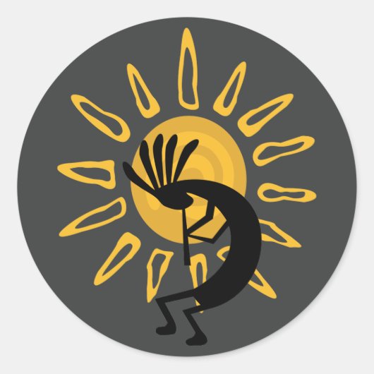 Kokopelli Gold Sun Southwest Grey 3" ticker Ronde Sticker (Voorkant)