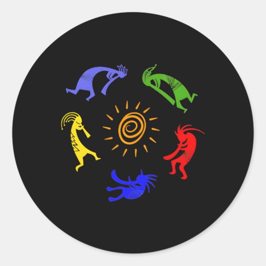 Kokopelli Kleurrijke Sun Dancing Musici Fortune Ronde Sticker (Voorkant)