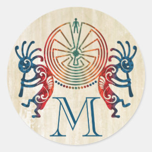 KOKOPELLI / MAN IN DE MAZE + uw monogram Ronde Sticker