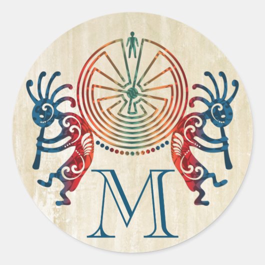 KOKOPELLI / MAN IN DE MAZE + uw monogram Ronde Sticker (Voorkant)