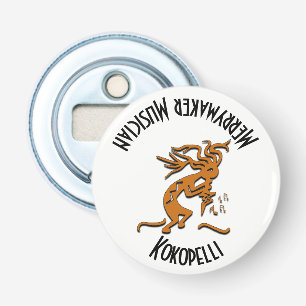 Kokopelli Merrymaker Musician die dansen Button Flesopener
