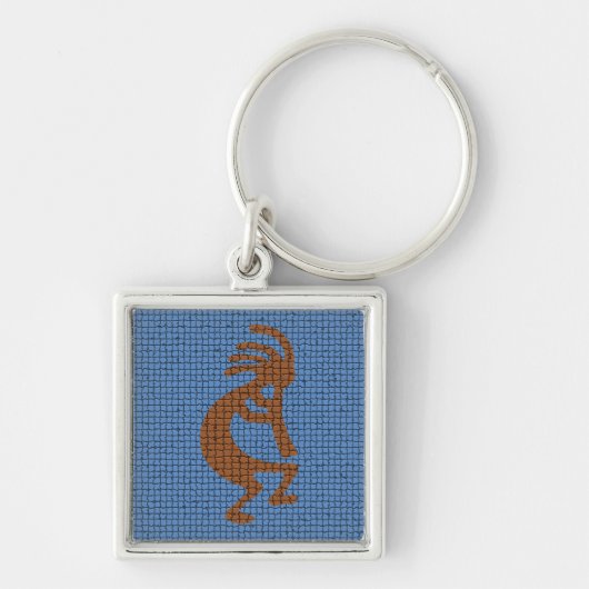 Kokopelli met Flute Blue Mosaic Southwest Sleutelhanger (Voorkant)