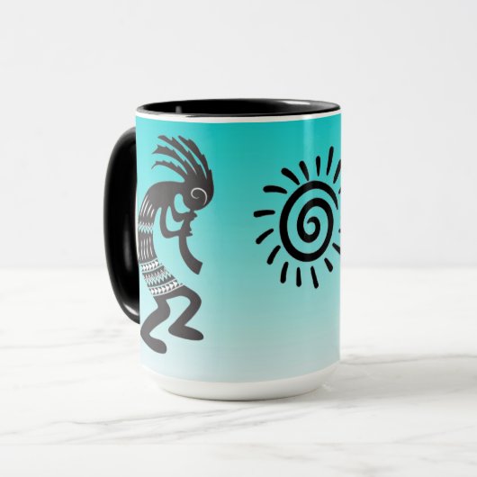 Kokopelli met het inheemse Amerikaanse zonnesymboo Mok (Voorkant links)