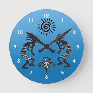 Kokopelli met het symbool van de inheemse zon en d ronde klok