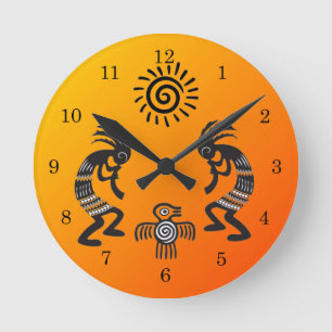 Kokopelli met het symbool van de inheemse zon en d ronde klok