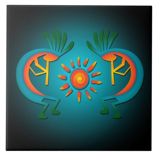 Kokopelli met Sun Blauwgroen Design 6" Tegeltje (Voorkant)