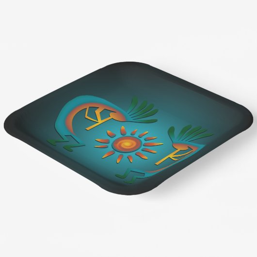Kokopelli met Sun Blauwgroen Design 9" Sq Papieren Bordje (Gebogen)