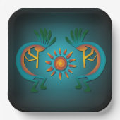 Kokopelli met Sun Blauwgroen Design 9" Sq Papieren Bordje (Voorkant)