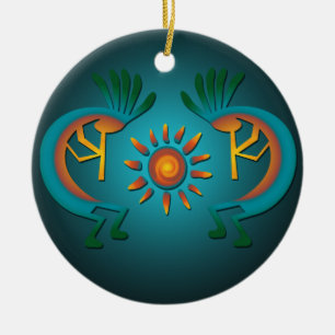 Kokopelli met Sun Blauwgroen Design-kerstversierin Keramisch Ornament