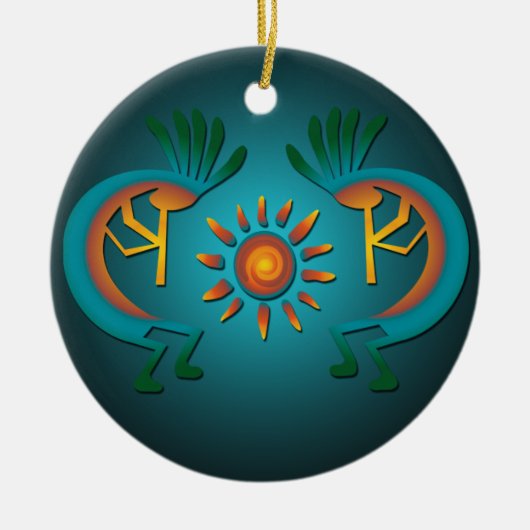 Kokopelli met Sun Blauwgroen Design-kerstversierin Keramisch Ornament (Voorkant)