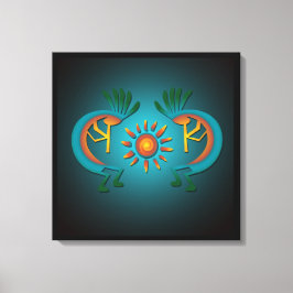 Kokopelli met Sun Blauwgroen Design Wrapped Canvas Afdruk