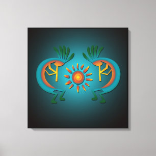 Kokopelli met Sun Blauwgroen Design Wrapped Canvas Afdruk