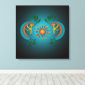 Kokopelli met Sun Blauwgroen Design Wrapped Canvas Afdruk (Insitu (Houten vloer))