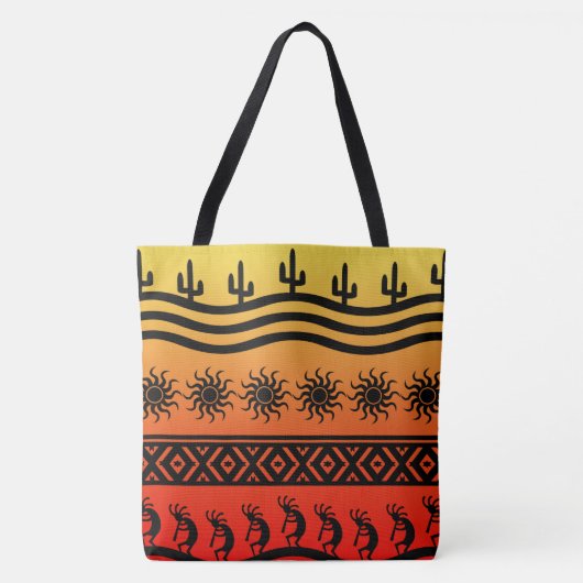Kokopelli Ombre Sunset Cactus Patroon Tote Bag (Voorkant)