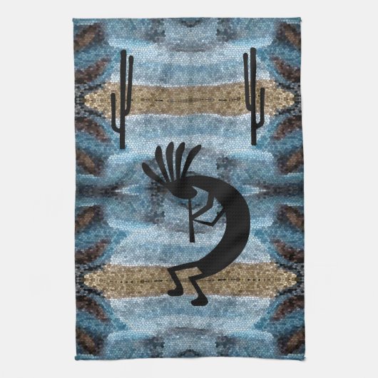 Kokopelli Southwest Desert Blue 2 Mosaic Theedoek (Verticaal)