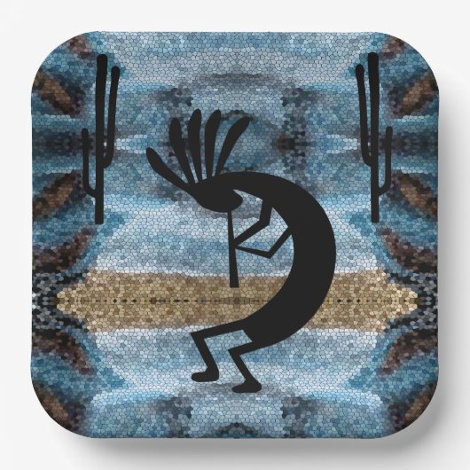 Kokopelli Southwest Desert Mosaic Blue 9" Papieren Bordje (Voorkant)
