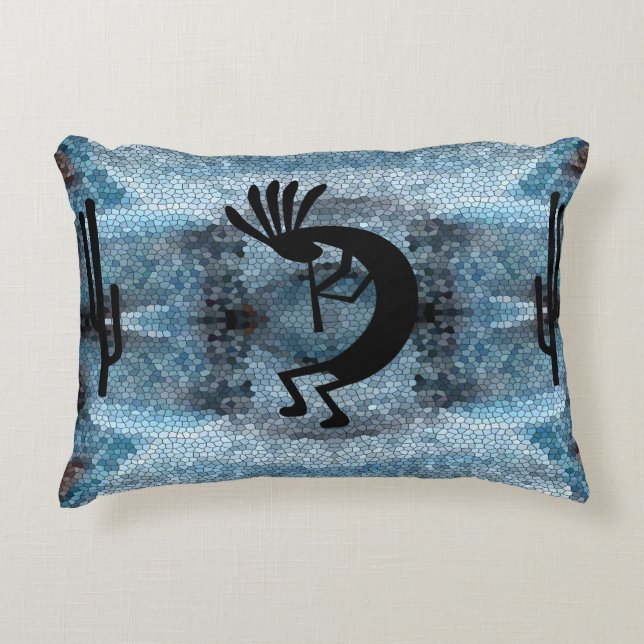 Kokopelli Southwest Desert Mosaic Blue Accent Kussen (Voorkant)
