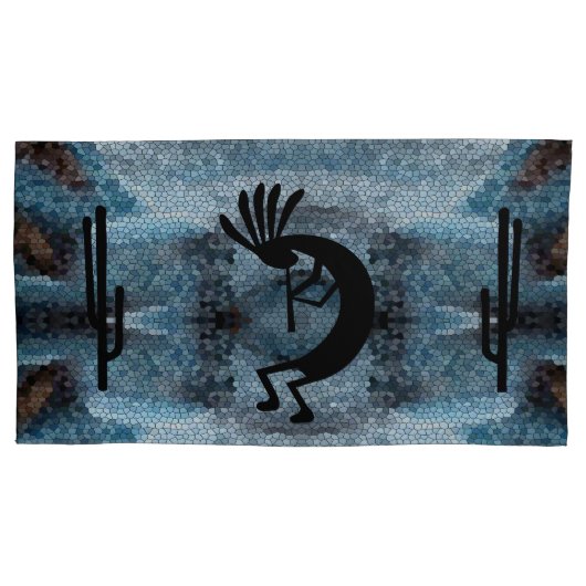 Kokopelli Southwest Desert Mosaic Blue King Kussensloop (Voorkant)