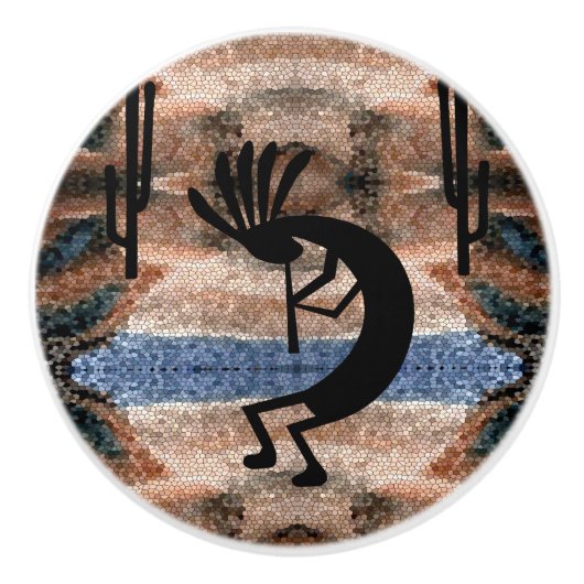 Kokopelli Southwest Desert Mosaic Keramische Knop (Voorkant)
