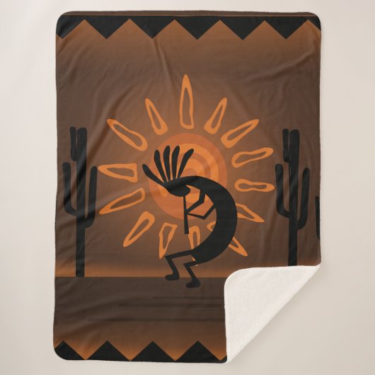 Kokopelli Southwest Rustic Brown Sherpa Deken (Voorkant)