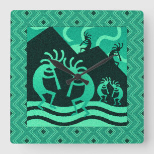 Kokopelli Southwest Turquoise en Black Vierkante Klok