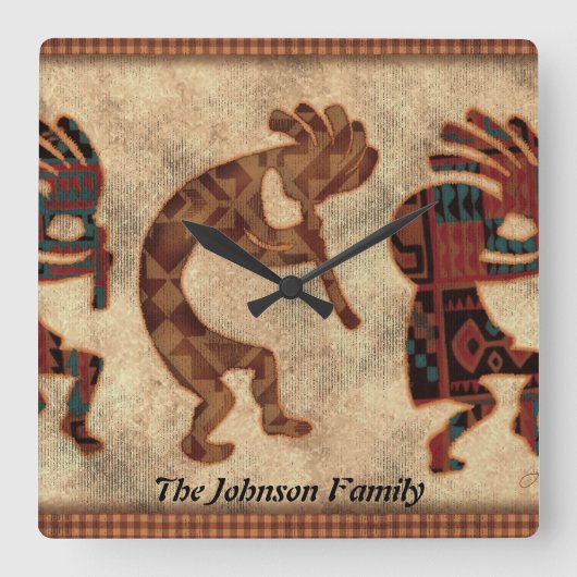 Kokopelli Southwestern Clock Vierkante Klok (Voorkant)