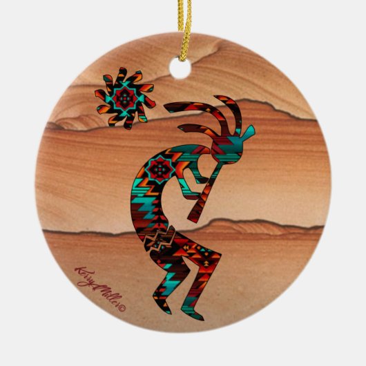 KOKOPELLI SPEELT DE VLUCHT UIT KERAMISCH ORNAMENT (Voorkant)