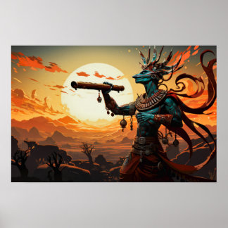 Kokopelli speelt fluit in rotsachtige heuvels van  poster