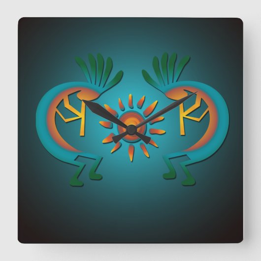 Kokopelli Sun Southwest Clock Vierkante Klok (Voorkant)