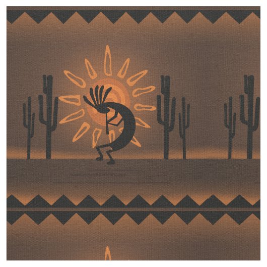 Kokopelli Sun Southwest Desert Rustic Brown Stof (Close Up)
