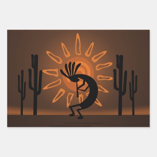 Kokopelli Sun Southwest Rustic Brown Inpakpapier Vel (Voorkant)