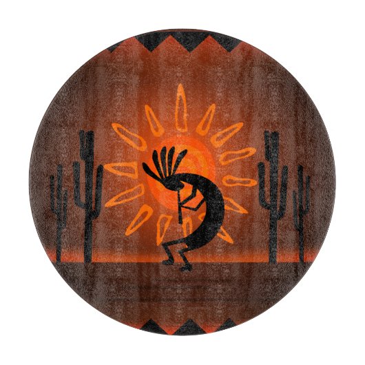 Kokopelli Zon Bronzen Zonsondergang Woestijn 12" R Snijplank (Voorkant)