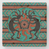 Kokopelli Zuidwest Turquoise Rustiek Stenen Onderzetter (Voorkant)