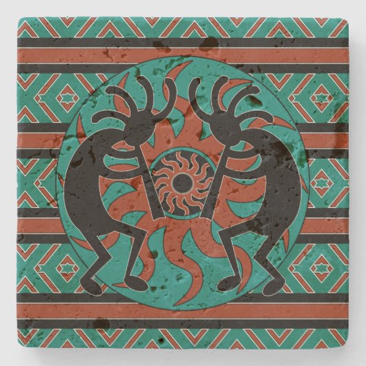 Kokopelli Zuidwest Turquoise Rustiek Stenen Onderzetter (Voorkant)