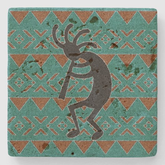Kokopelli zuidwest turquoise rustieke travertijn stenen onderzetter (Voorkant)