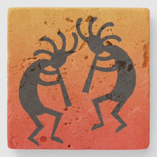 Kokopelli zuidwest zonsondergang rustieke traverti stenen onderzetter (Voorkant)