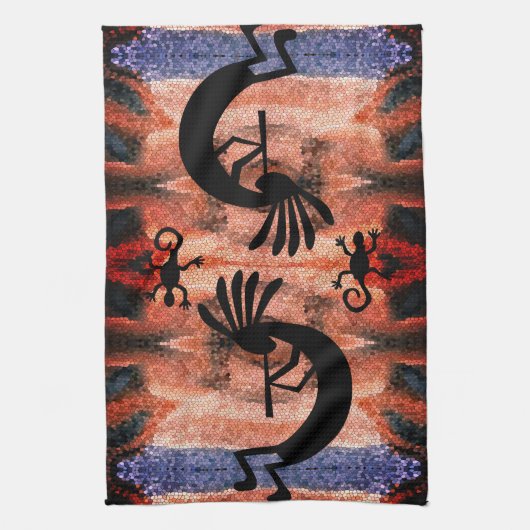 Kokopelli zuidwestelijke woestijn zonsondergang 2  theedoek (Verticaal)