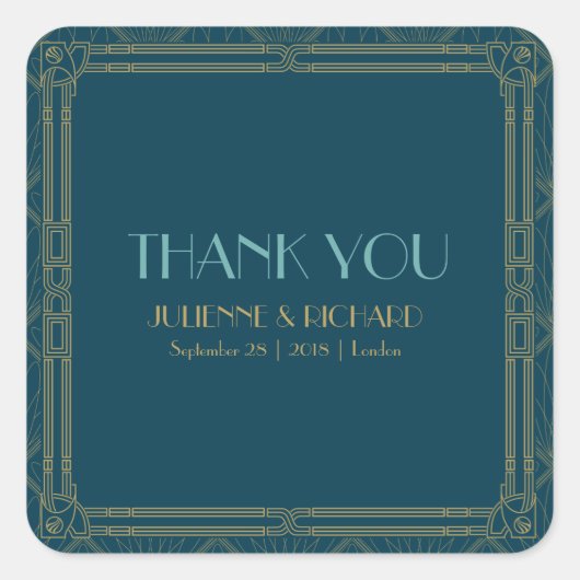 kokos | Art Deco Stijl Bruiloft "Dank u" Vierkante Sticker (Voorkant)