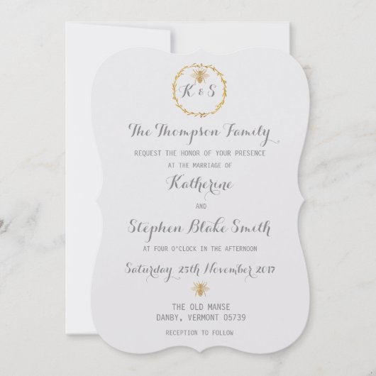 Kokosmelk Wit Gouden Folie Gouden Bijen Trouwen Kaart (Voorkant)