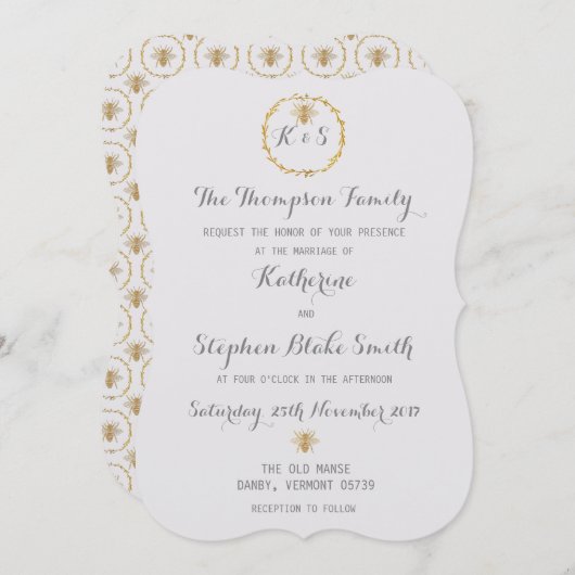 Kokosmelk Wit Gouden Folie Gouden Bijen Trouwen Kaart (Voorkant / Achterkant)