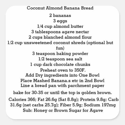 Kokosnoot amandel banaan brood Glutenvrij Vierkante Sticker (Voorkant)