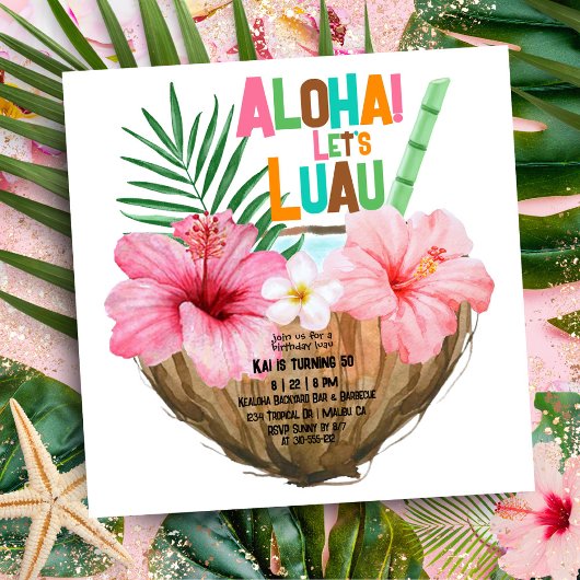 Kokosnoot Cocktail Luau Verjaardag Tropisch Hawaïa Kaart